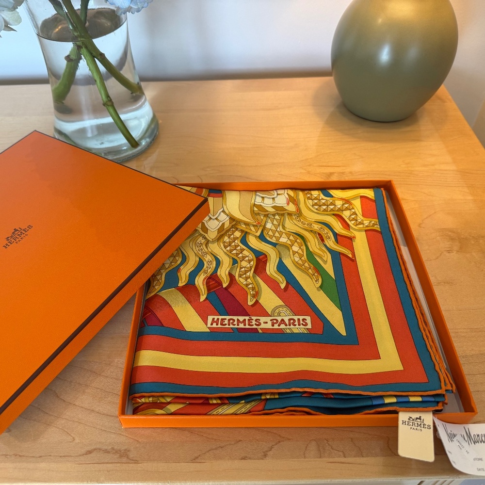 Hermes Silk Scarf 90cm - Multicolor Geometric Sun-Ray Design (Red/Teal/Gold)